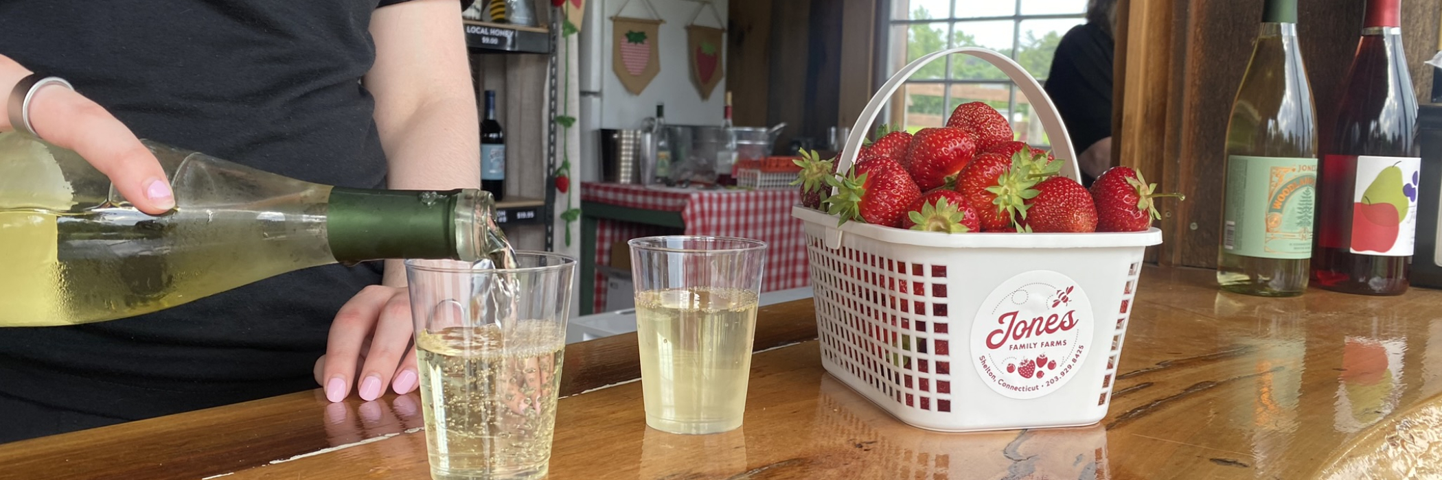 Basket of strawberries & wine 