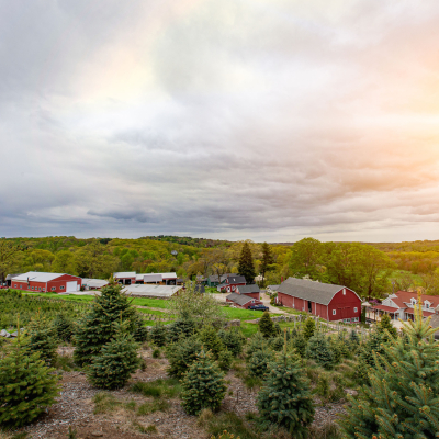 Aerial shot of the farm in early Spring